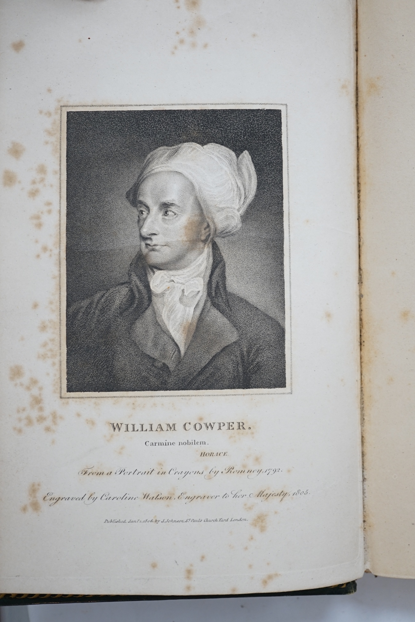 Hayley, William - The Life and Letters of William Cowper, Esq. With remarks on epistolary writers. new edition, 4vols. portrait frontis.; earlier 19th cent. gilt ruled and blind decorated green straight grain morocco, sp